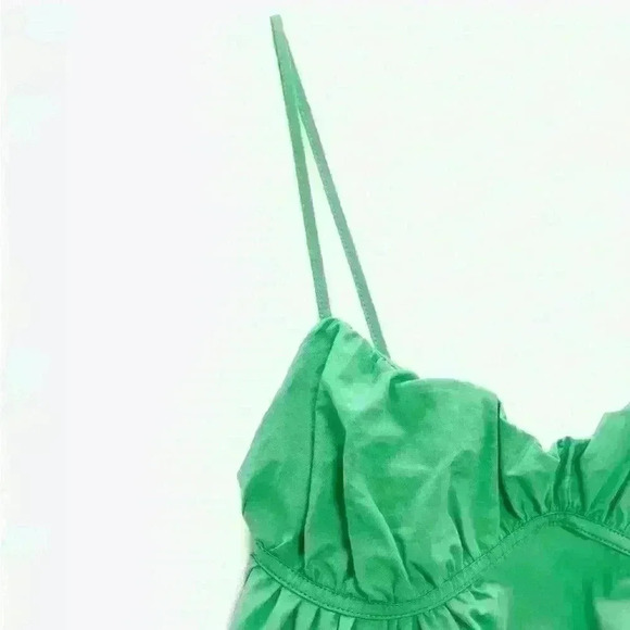 ZARA Mini Babydoll Dress Green Spaghetti Straps Cup Cotton Ruched Short Size L - Picture 5 of 13